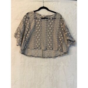 Black Poppy Womens Medium Blue Floral Lace Crop Top High Low Boho Sheer Blouse